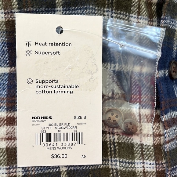 NWT Men's Croft & Barrow Plaid Flannel Casual 
Button-Down Shirt Size S - Picture 3 of 4